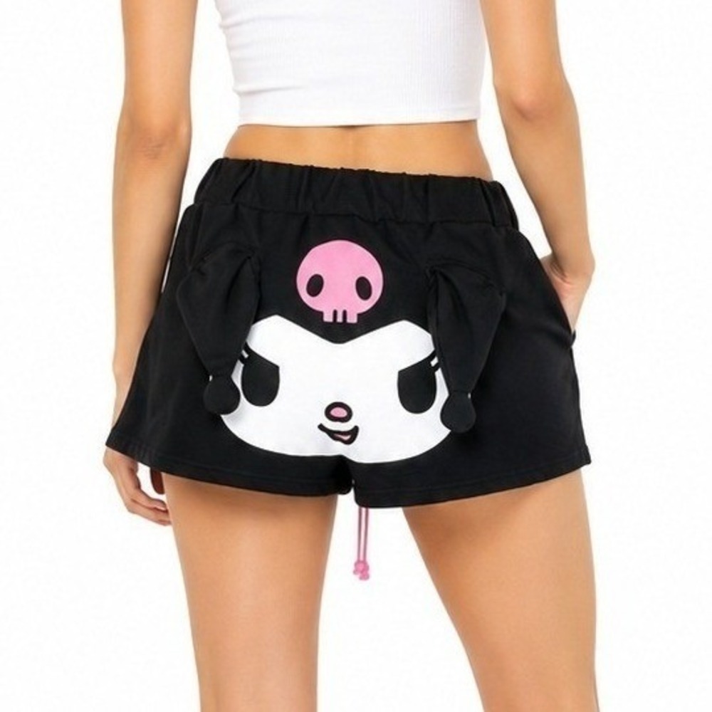 Sanrio Kuromi Black Lounge Shorts 3D Ears Graphic Drawstring Women | Large L
